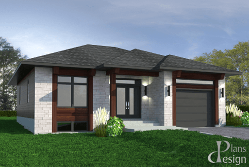 Maison en pierres blanches avec insertions de bois, toit noir à 4 versants et porte de garage noir.